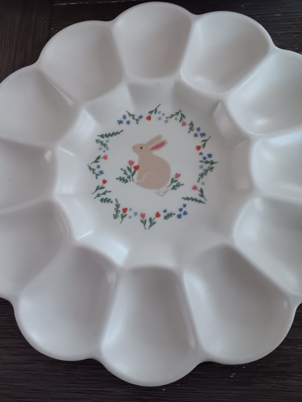White Melamine Easter Egg Platter with Bunny Floral Center